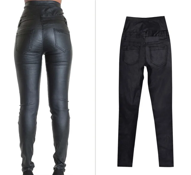 Stretch jeans stretch jeans for women's wear ultra high waist strap decorative coating leather stretch jeans PU large size (5)