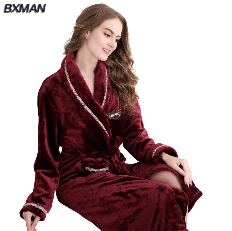 BXMAN Brand Women Bathrobe Thicken Solid V Neck Flannel Bathrobes