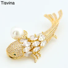Tisvina новые женские жемчужные броши Рыба Ювелирные изделия Циркон Кристалл животное брошь Праздничная Брошь Серебро и золото Цвет свадебный подарок