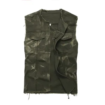 

Idopy Summer New Men`s Slim Fit Denim Vest Washed Vintage Army Green Ripped Distressed Motorcycle Jeans Sleeveless Jacket