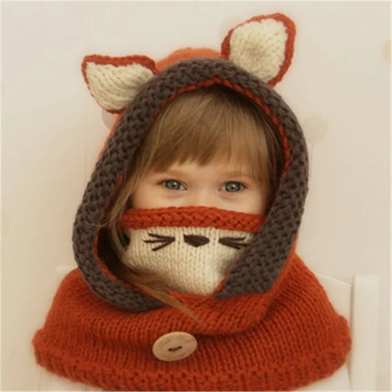 New Autumn And Winter Children's Hat Cat Ear  Wool Scarf One Cloak Shawl Tassel Warm Winter Baby Girls Cap S8M04 (4)