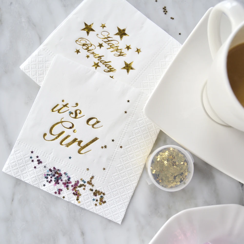 

5pcs/lot Gold Happy Birthday Party Paper Napkins Decoration Kids Baby shower Napkins Decoupage Party Decor Just Married