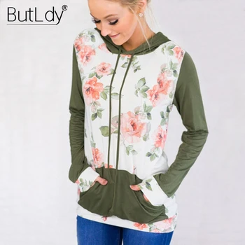 

Floral Print Pockets Lace Up Hoodies Autumn 2018 Slim Sweatshirt Women Fashion Long Sleeve Hooded Pullovers Sweatshirts Female