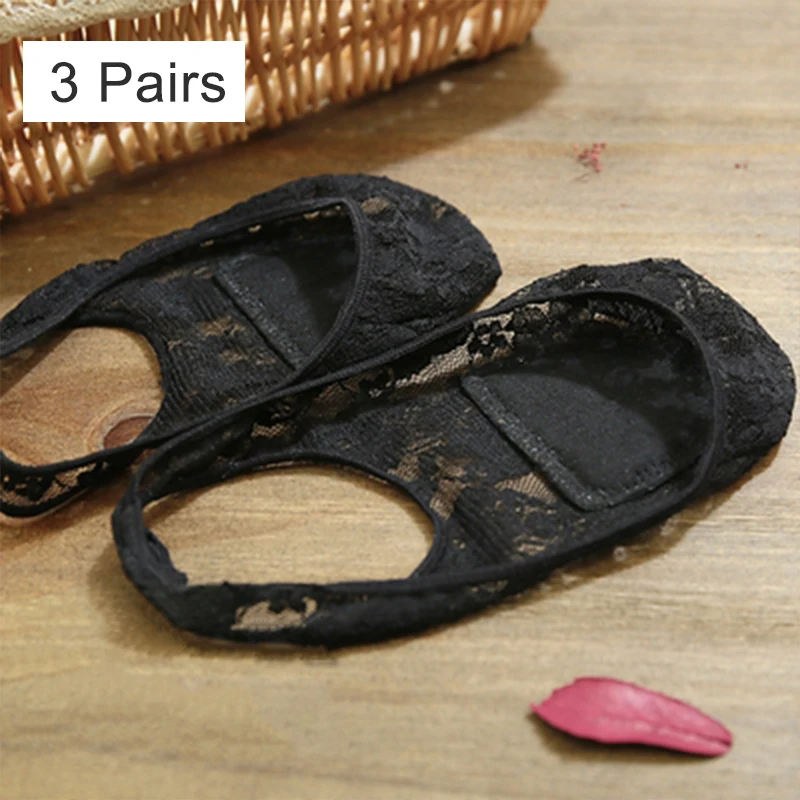 Black 3 Pairs Summer Invisible Socks Women Thin Lace Cotton Silicone Socks No Show Socks Non-slip Short Low Boat Socks Half Socks - Цвет: Black