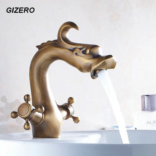 Buy Luxury Artistic Antique Dragon Faucet Bathroom Basin Faucet Dual Handle Hot