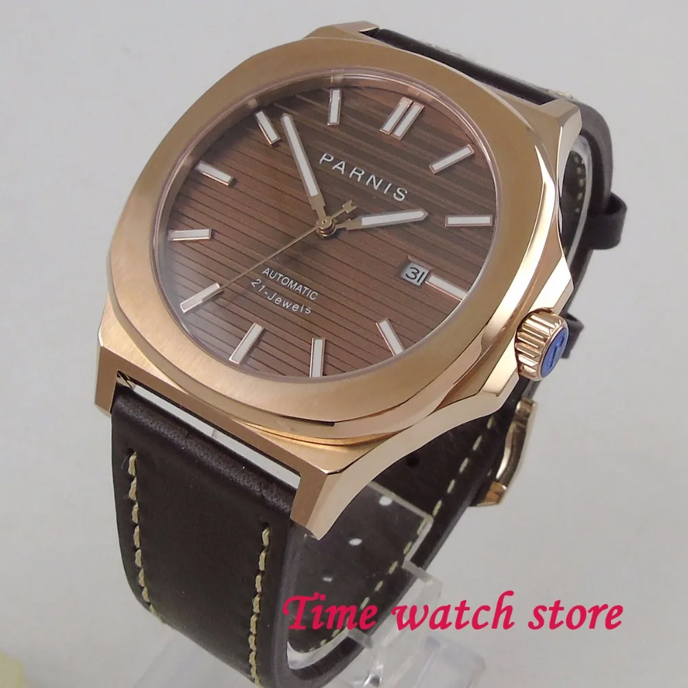 Parnis 44mm plated gold mechanical auto watch men waterproof square lether coffee dial luminous sap