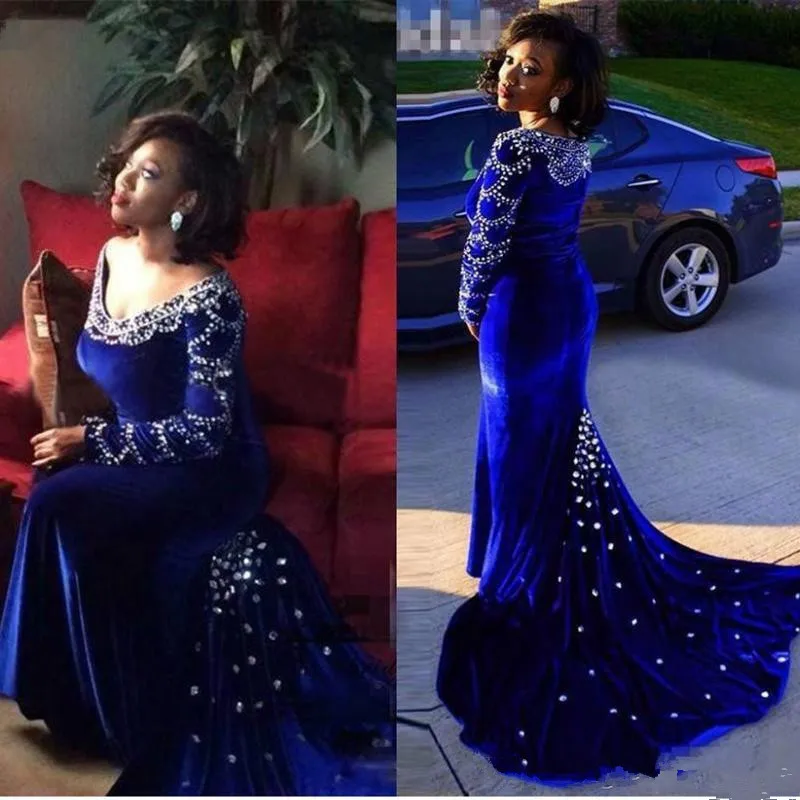 

Custom Made Mermaid Prom Dresses 2019 V-Neck Long Sleeve Cover Back Sweep Train Velour with Crystals 2019 Sexy Evening Dress