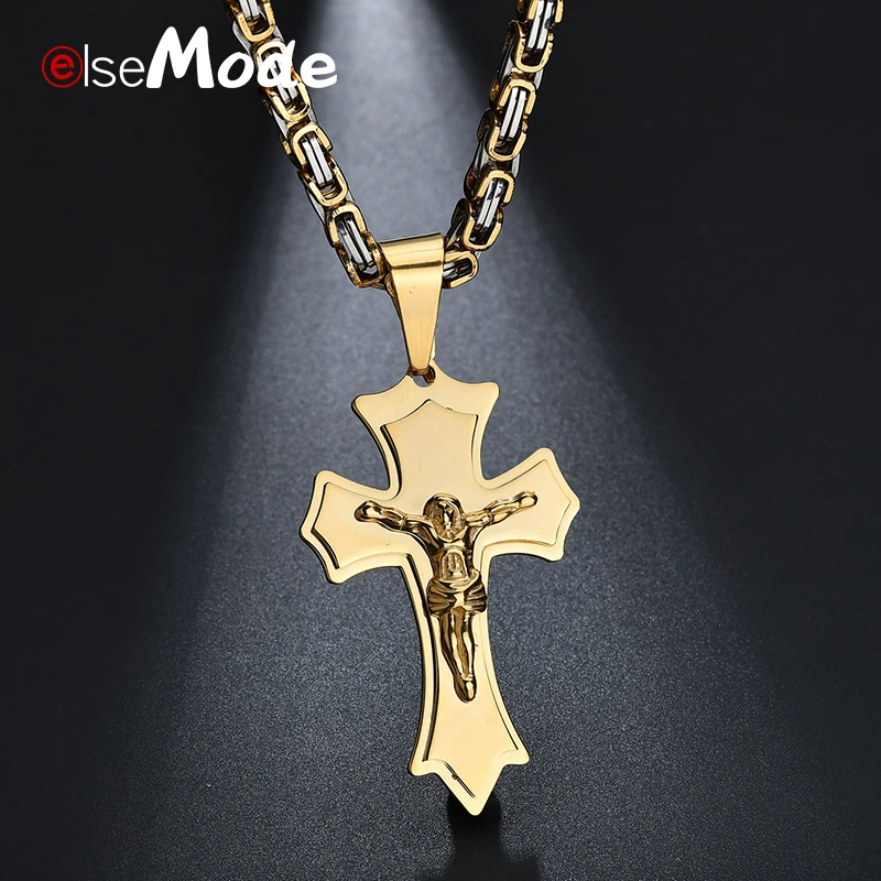 Подвеска ELSEMODE Christian Jesus Cross ожерелья с толстым звеном византийская цепочка 316L