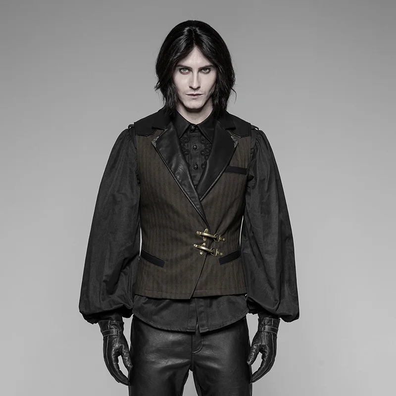 Discount PUNK RAVE New Steampunk Black Brown Striped Men's Waistcoat Gothic Leather Decoration Retro Palace Men Vest Emo Visual Kei