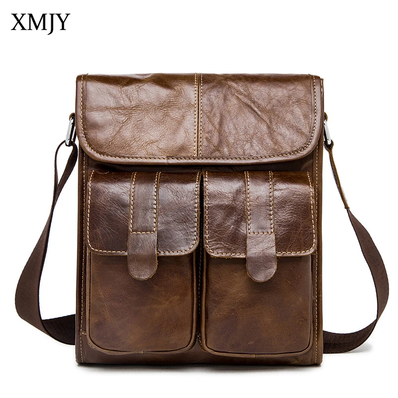 

XMJY Genuine Leather Men Bag Retro Men's Shoulder Messenger Bag High Quality Cow Leather Casual Crossbody Bags Multi Pockets
