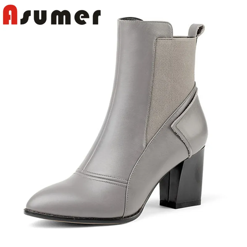 

ASUMER 2018 new elastic band genuine leather boots pointed toe solid shallow boots winter fashion adult ankle boots for women