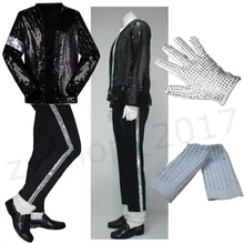 MJ Майкл Джексон Билли джинсовый костюм куртка с пайетками+ брюки+ перчатки+ носки Дети взрослых Шоу Черный блестками Pacthwork 4XS-2XL