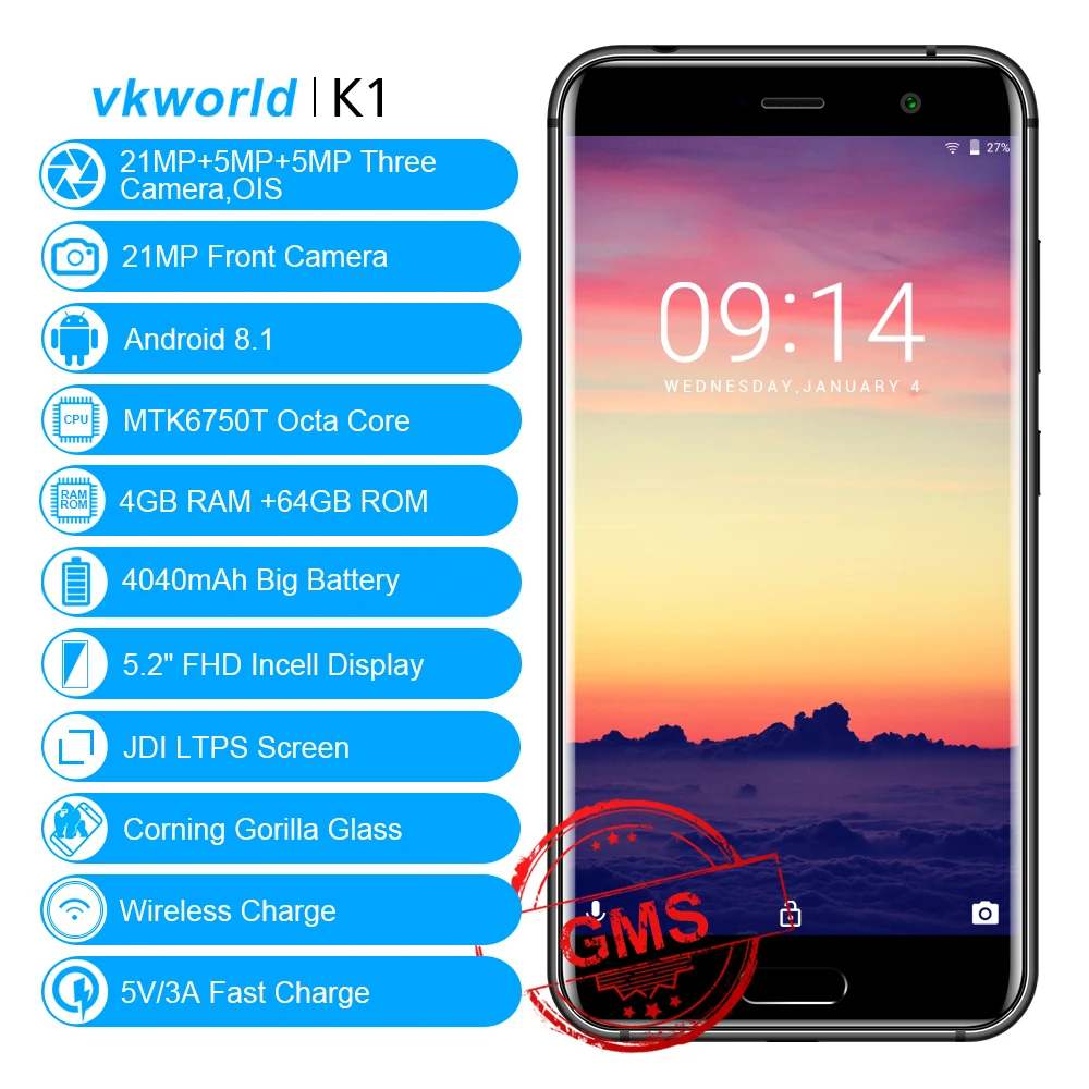 Vkworld K1 5.2" FHD in-cell Mobile Phone Android 8.1 MTK6750T Octa Core 4GB+64GB 21MP Four Camera 4G Smartphone Wireless Charger