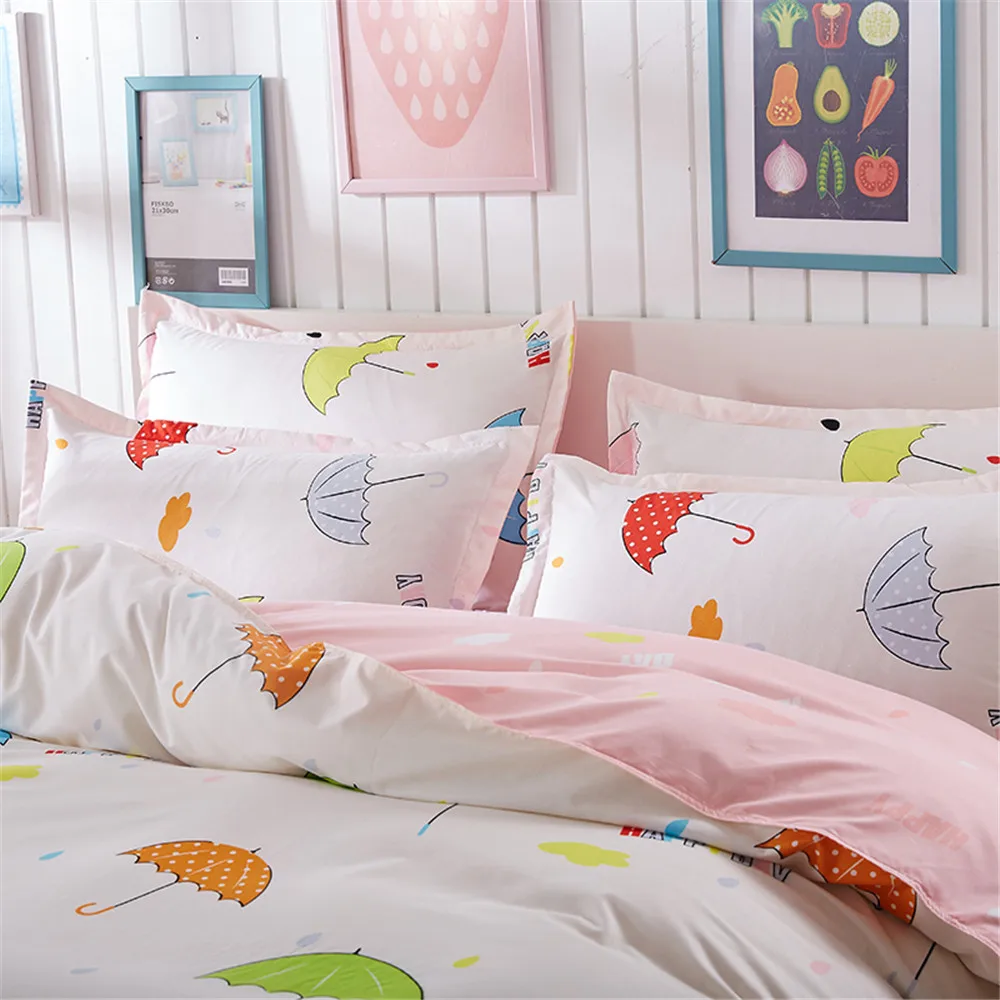 أطفال الكرتون الفراش مجموعات 4 قطعة الوردي و الأبيض الملونة مظلة ورقة غطاء سرير لحاف المخدة بنات نوم المنسوجات المنزلية ديكور