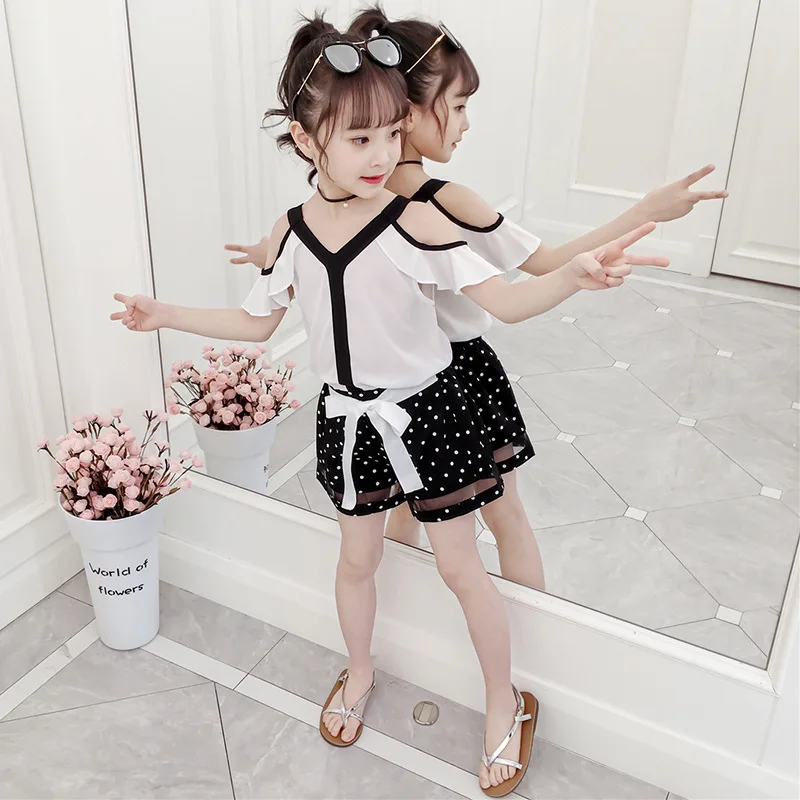 

Girls Clothes Children's Clothing Set 2019 Summer Toddler Kids Boutique Outfits Chiffon Off Shoulder Top + Polka Dot Shorts