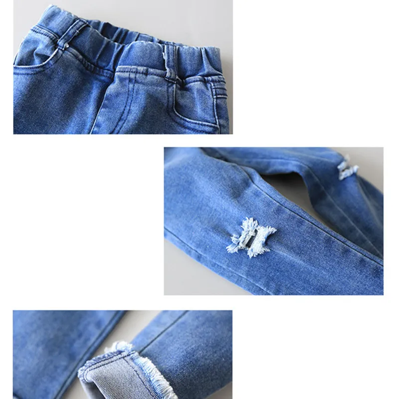 DFXD Children Broken Hole Pants 2018 New Spring Soild Long Skinny Denim Blue Jeans Baby Girls Cotton Ripped Jeans 2-7Years