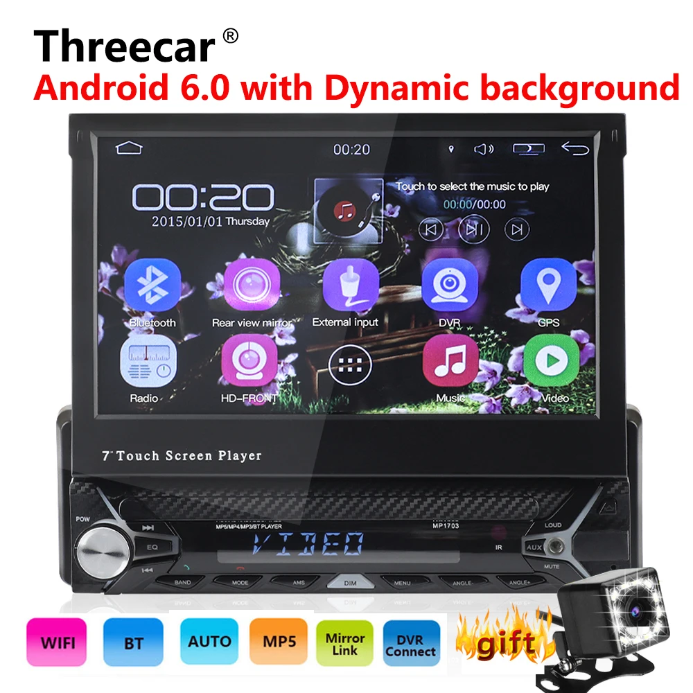 

Android 6.0 GPS Navigation Bluetooth FM WIFI Retractable 7 inch Touch Screen Autoaudio player 1din Car Radio Multimedia Player