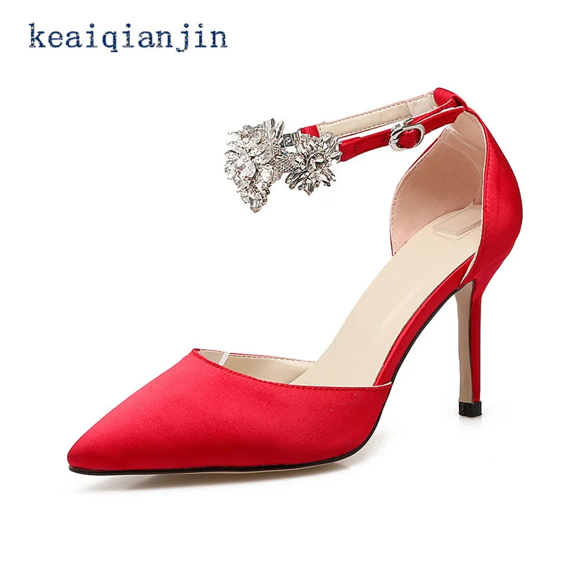 

KEAIQIANJIN Pink Crystal Pumps Plus Size 34 - 43 New Fashion Sexy Party Wedding Bride Shoes Silk High-Heeled Woman Crystal Pumps