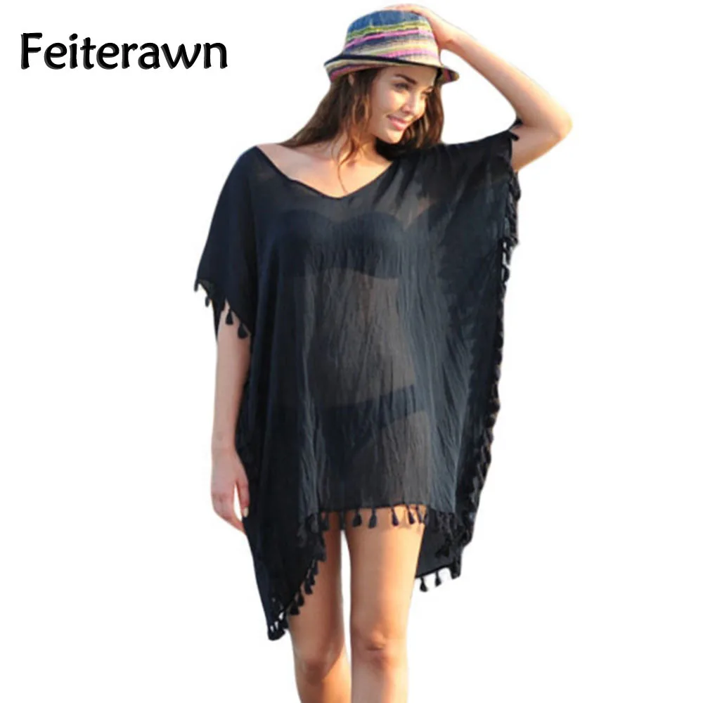 Feiterawn 2018 Sexy Summer Pom Pom Tassel Hem Gauze Cover Up Kaftan