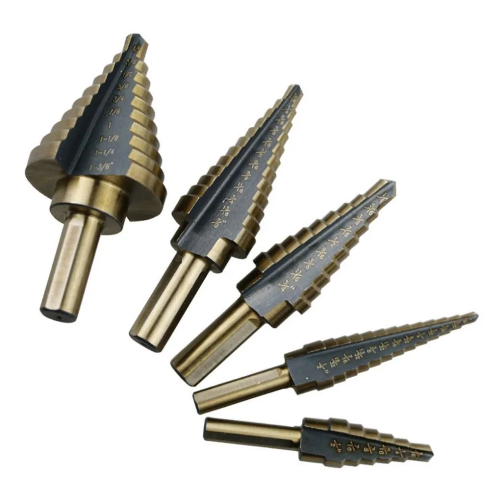 5Pcs Titanium Step Drill Bits Set High Speed Steel With Aluminum Case Triangular Round Handle