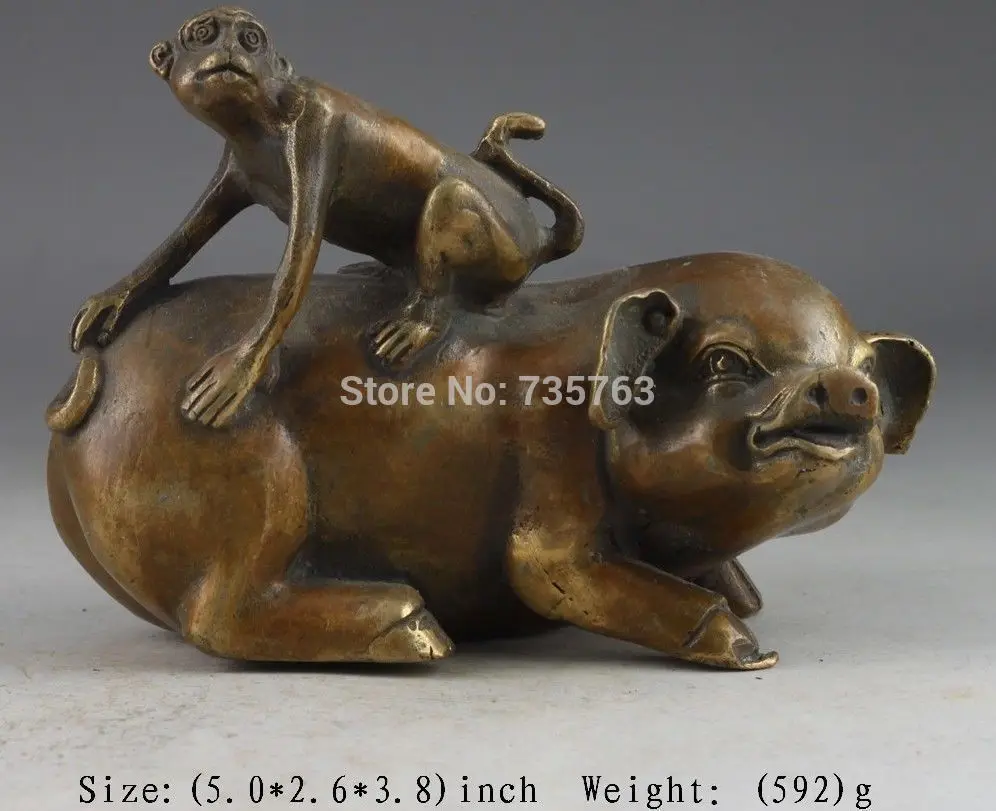 

00856 CHINESE BRASS VINTAGE HANDWORK HAMMERED PIG MONKEY STATUE SUPERB COLLECTIBLES