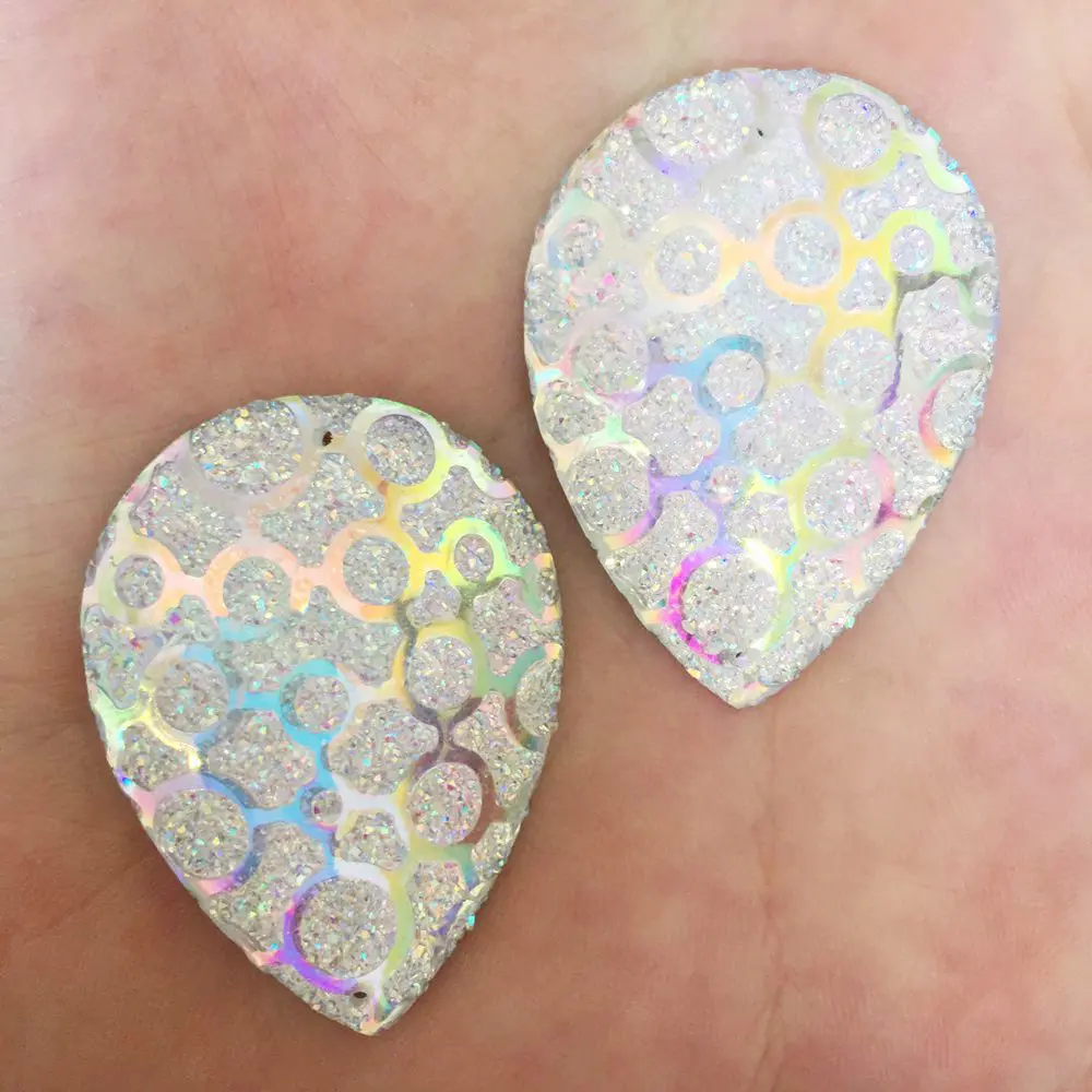 

6PCS AB Resin 30*40mm Teardrop Ore circle Flatback Rhinestone Ornaments DIY Wedding appliques 2 hole buttons SF632