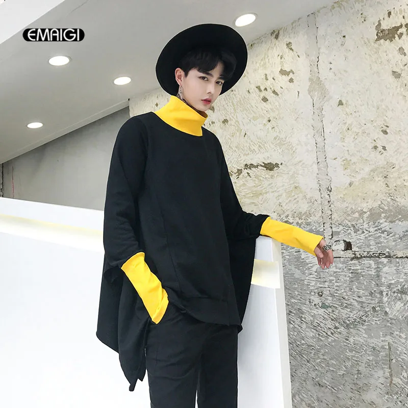 

Men Hit Color Turtleneck Long Bat Sleeve Pullover Sweatshirt Jacket Male Women Streetwear Punk Gothic Style Cloak Hoodie Coat