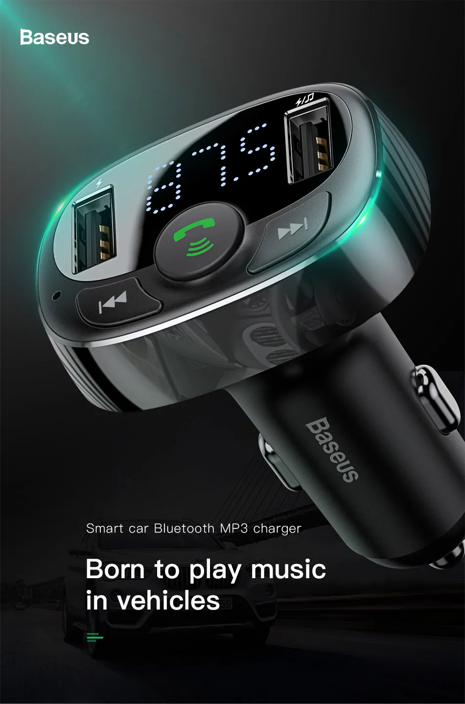 Baseus Dual USB Car Charger With FM Transmitter And Bluetooth Handsfree Call 1