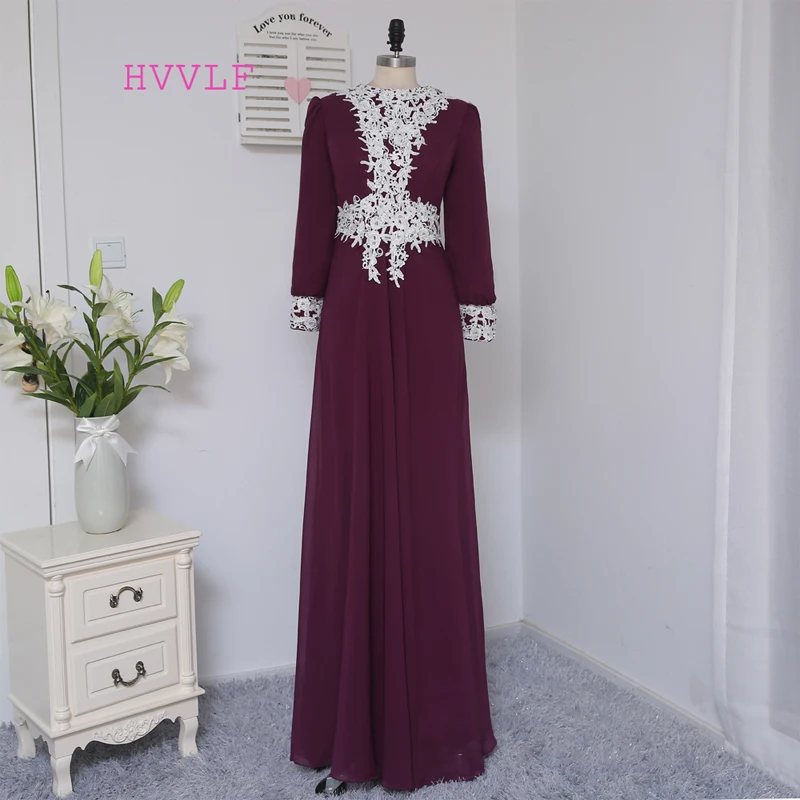 

HVVLF Purple Muslim Evening Dresses 2019 A-line Long Sleeves Chiffon Lace Elegant Long Saudi Arabic Evening Gown Prom Dress