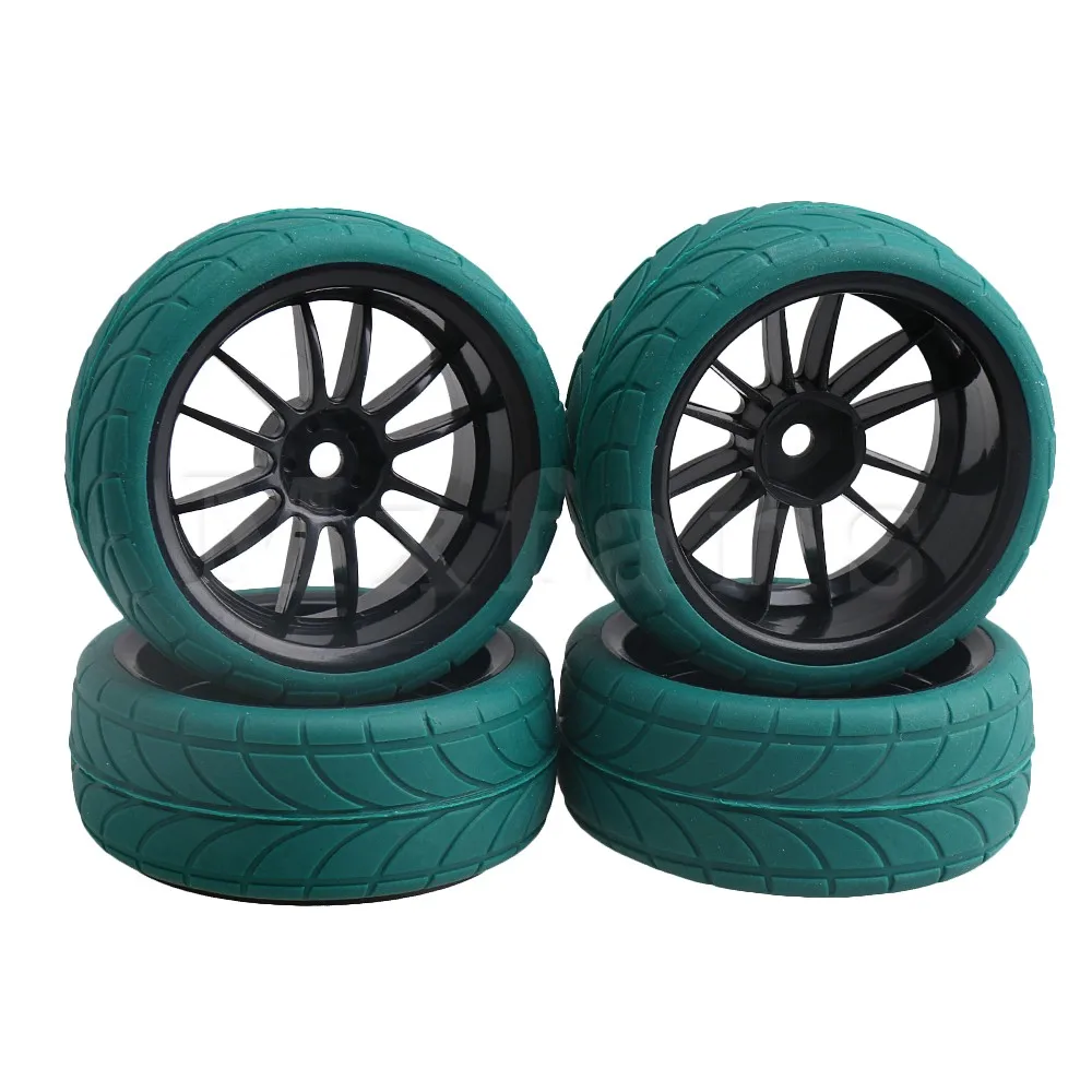 4x 12mm Hex RC 1:10 On Road Car Rubber Tyres /& Green 12 Spoke Plastic Wheel Rims