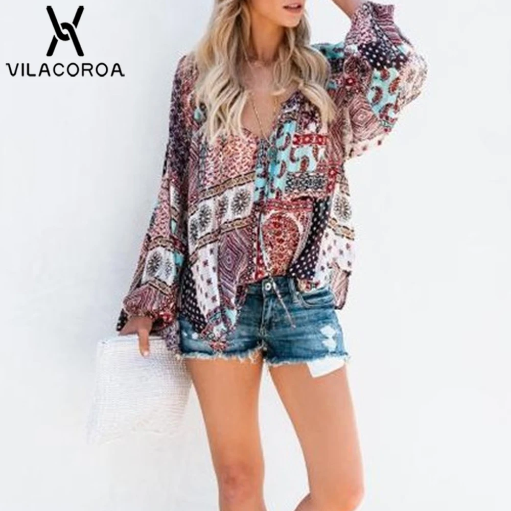 

Chiffon Pullover Print Bohemia Loose V-Neck Bell Sleeve Modis Women's Shirt Blusa Women Tops Beach Blouses Female roupa feminina