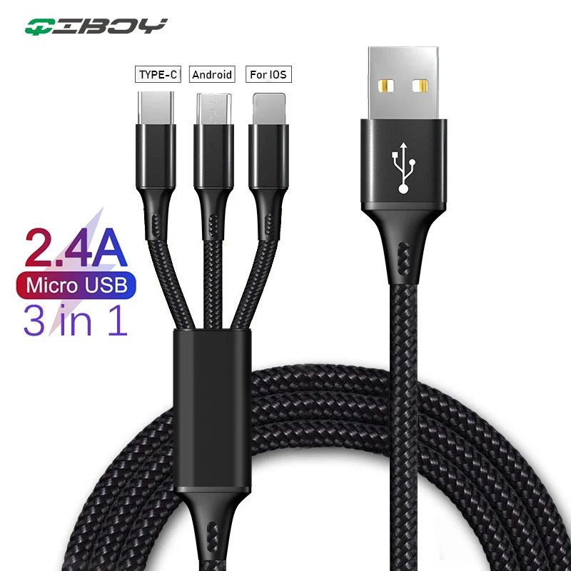 

3 in 1 USB Cable For iPhone XS Max X 7 2.4A Fast Charging Charger Type-C Micro USB Cable For Samsung S10 Mobile Phone USB C Cord