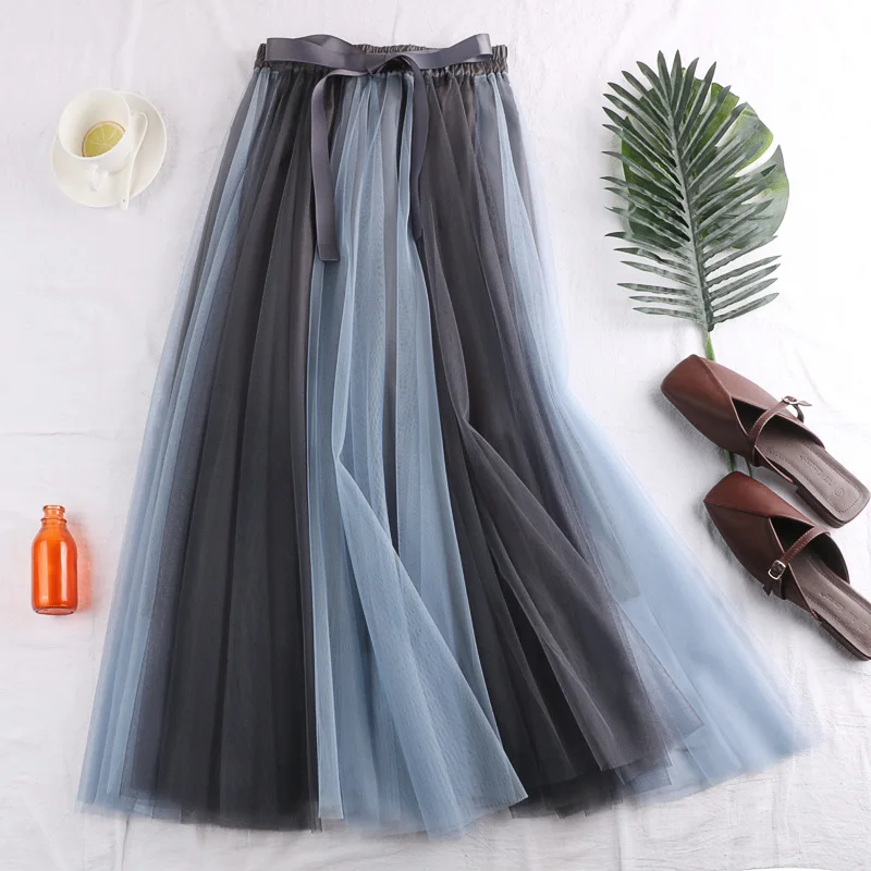 

Long Tulle Skirt Women 2019 Spring Summer Patchwork Korean Elegant High Waist A-line Pleated School Midi Skirt Female G399