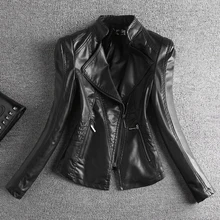 Кожаная куртка женская с длинным рукавом Короткая длина сплошной воротник стойка молния тонкая стандартной толщины High Street