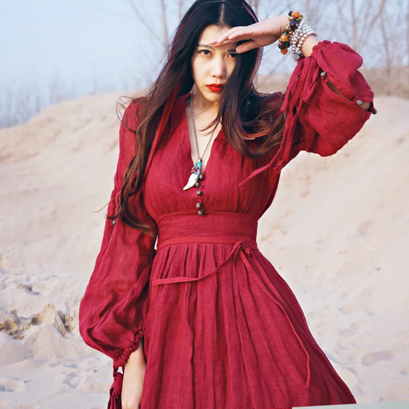 

2019 Women Red Dress Maxi Robe Plus Size Summer Nation Style Loose Red Dandage Dress Cotton Linen Fashion Beautiful