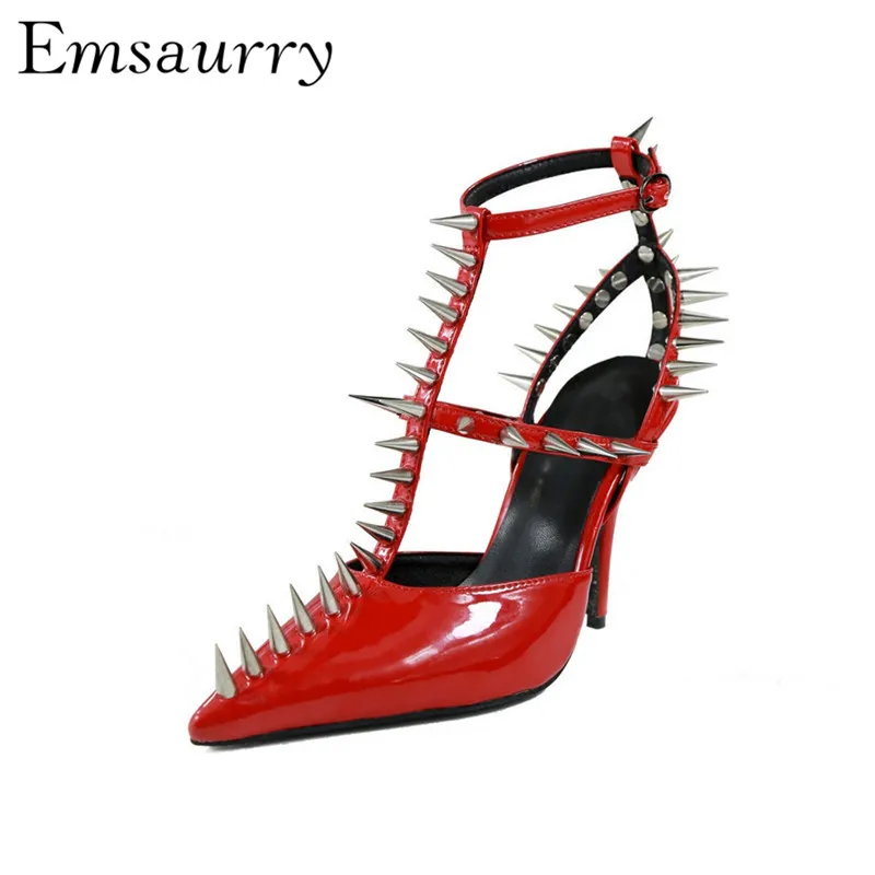 

The New Chic Sharp Rivet Sandalias Mujer Pointed Toe Stiletto Heel Cut Out Ankle Strap Heels Women Black Red