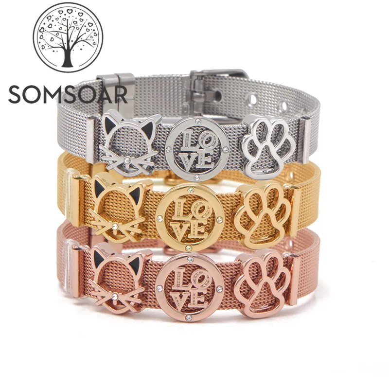 

Somsoar Jewelry Mesh Bracelet Bangle Set with cat & love & feet Slide Charms as Gift for women