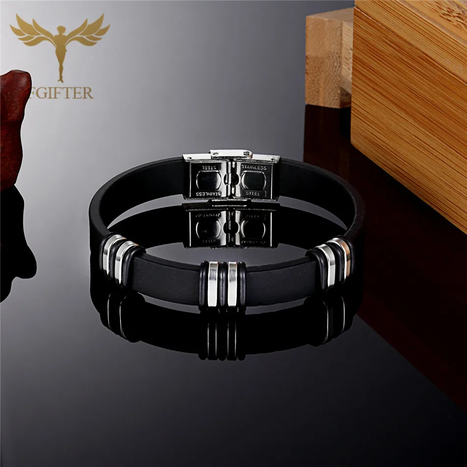 Black Rubber Silicone Bracelets Minimalist Women Hand Jewelry Wristband Men Stainless Steel Cuff Bangle 17cm 19cm 21cm Length