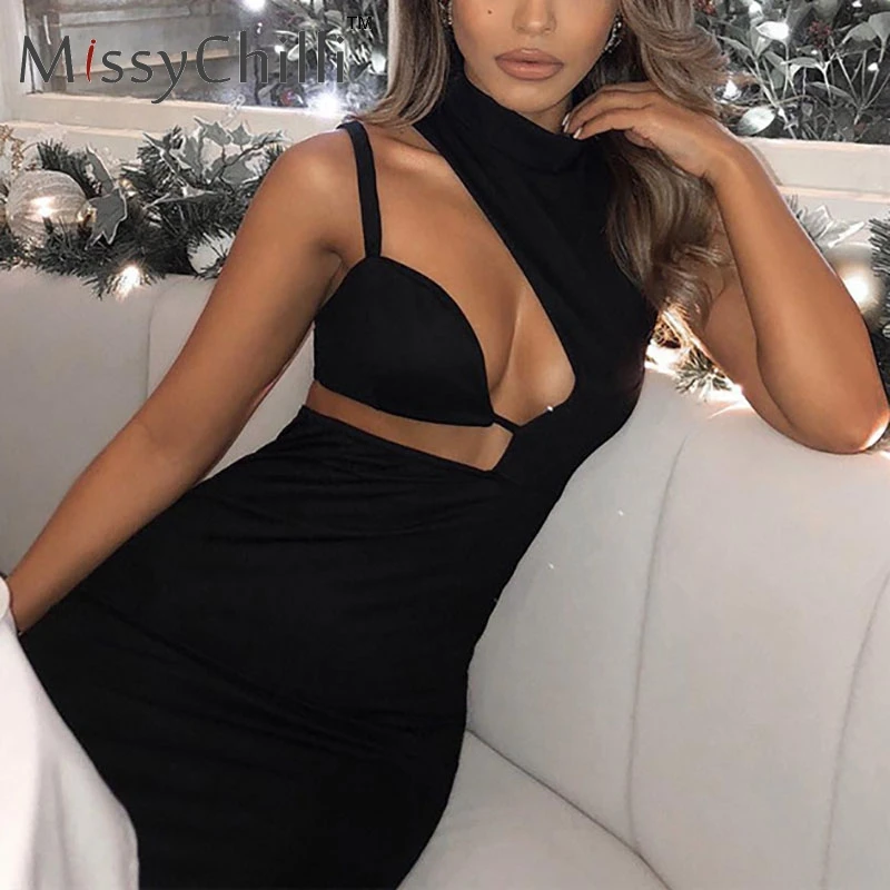 

MissyChilli Black lace up sexy sleeveless bodycon dress Women halter causual club dress Female elegant hollow out summer dresses