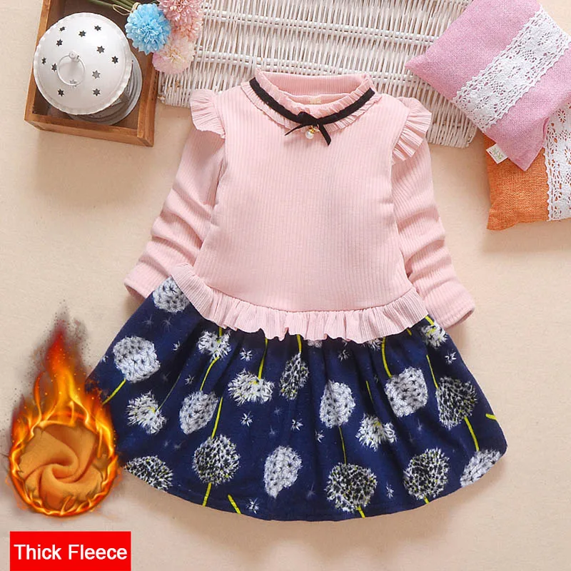 Платье принцессы для маленьких девочек; Осень-зима г.; детское платье-пачка из плотного флиса с длинными рукавами и цветочным принтом; костюм для девочек; одежда для дня рождения - Цвет: Розовый