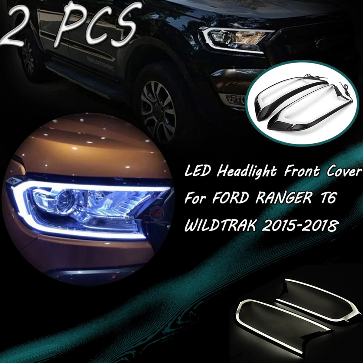 

2pcs Matte Black LED Head Light Front Shell Cover Trim For FORD RANGER T6 WILDTRAK 2015 2016 2017 ABS Lamp Hoods