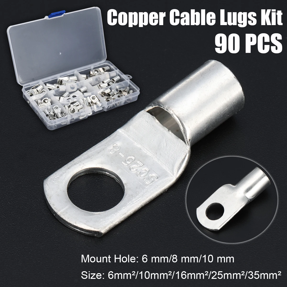 90Pcs/Set Copper Cable Lug Kit Bolt Hole Tinned Battery Terminal Copper