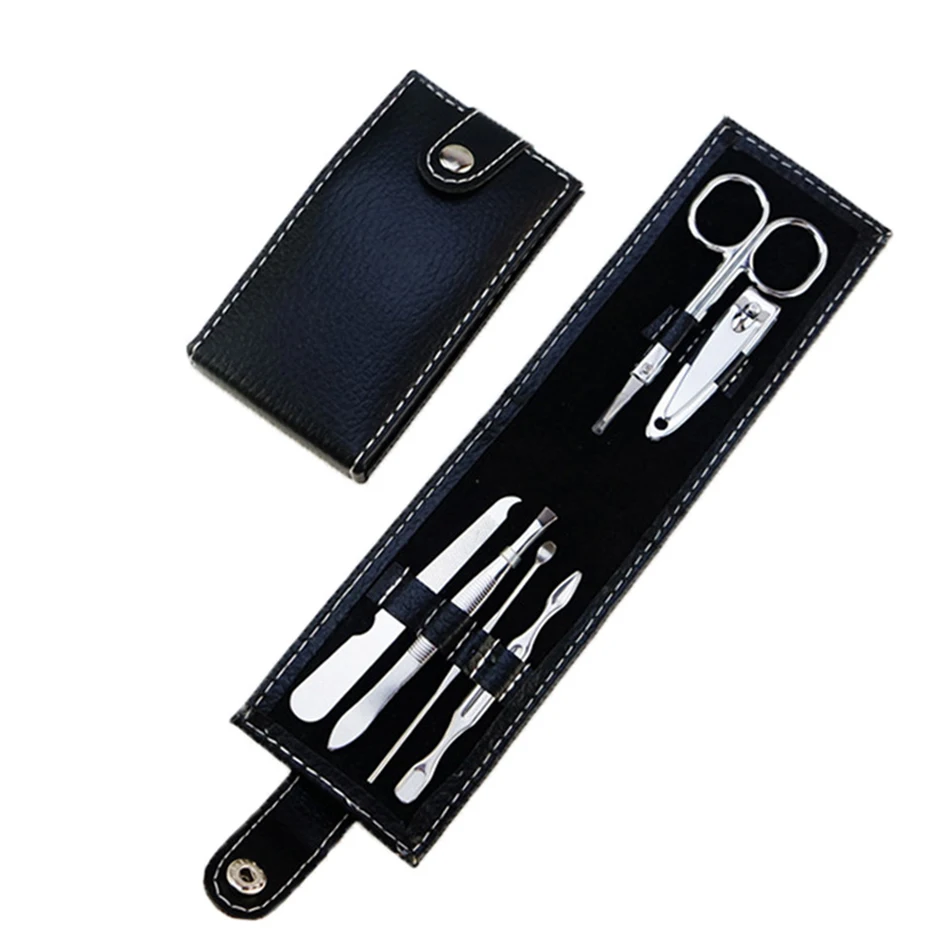 6pcs/set Black Carbon Stainless Steel Manicure Set Leather Holster Bag