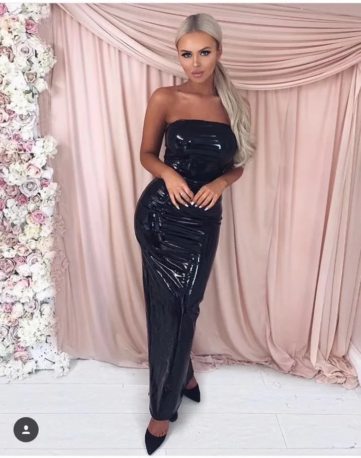 Buy Women Sexy Strapless Leather Bodycon Dress Long