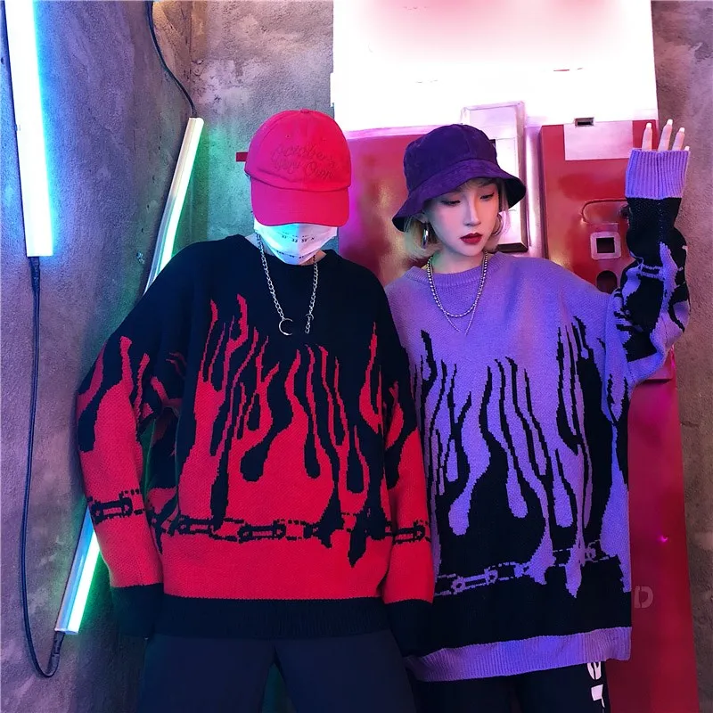 

2019 Spring Winter Harajuku Flame Knitting Batwing Sleeve Sweater Pullovers Women Tide Outerwear Loose Pullover