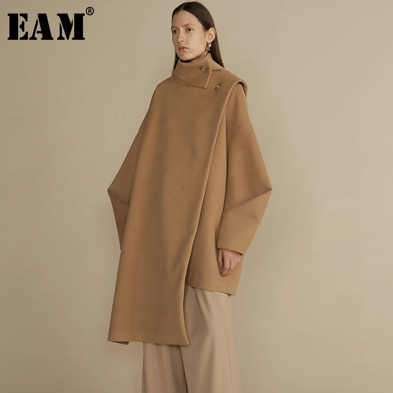 

[EAM] 2019 New Winter Stand Collar Long Sleeve Camel Large Size Long Irregular Woolen Coat Women Parkas Fashion JK737