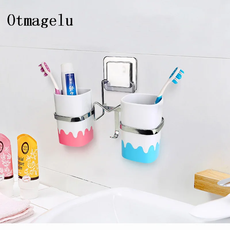

Bathroom Toothbrush Rack Simple Stainless Steel Suction Wall Toothbrush Double Cup Holder Set Home Bathroom Accessories Set