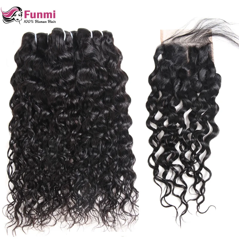 Funmi Virgin Human Hair Bundles with Closure Water Wave Bundles with Closure 4*4inch Brazilian Virgin Hair Bundles with Closure