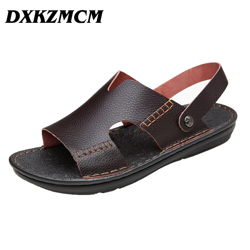 

DXKZMCM 2019 Genuine Leather Men Sandals Summer Quality Beach Slippers Casual Sneakers Outdoor Men Beach Shoes