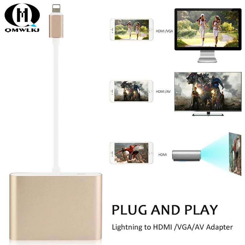 Для apple 3в1 8 Pin аудио адаптер USB к HDMI VGA + видео конвертер Цифровой AV для iPhone 7 plus 6S iPad